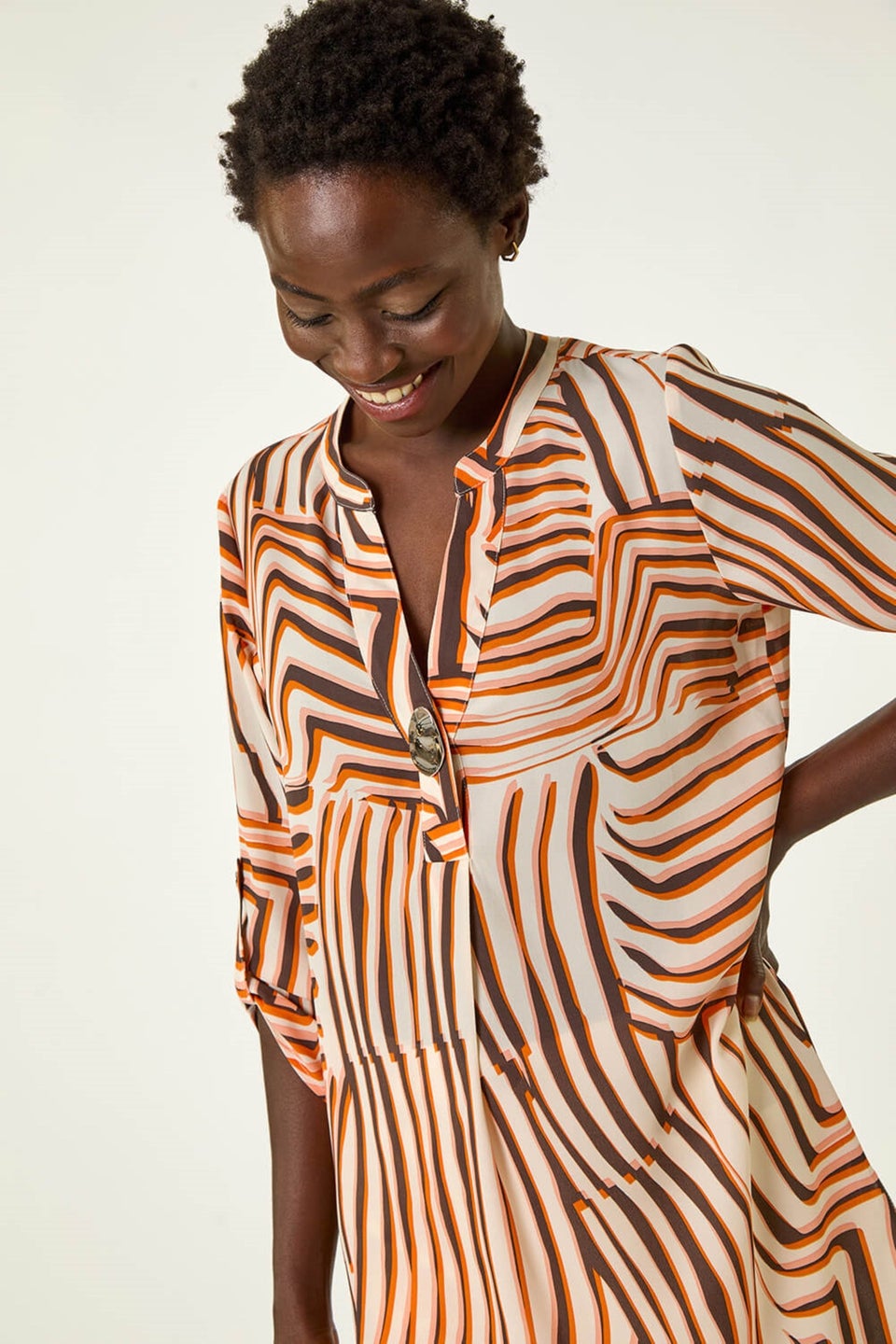 Roman Orange Abstract Linear Print V-Neck Button Top
