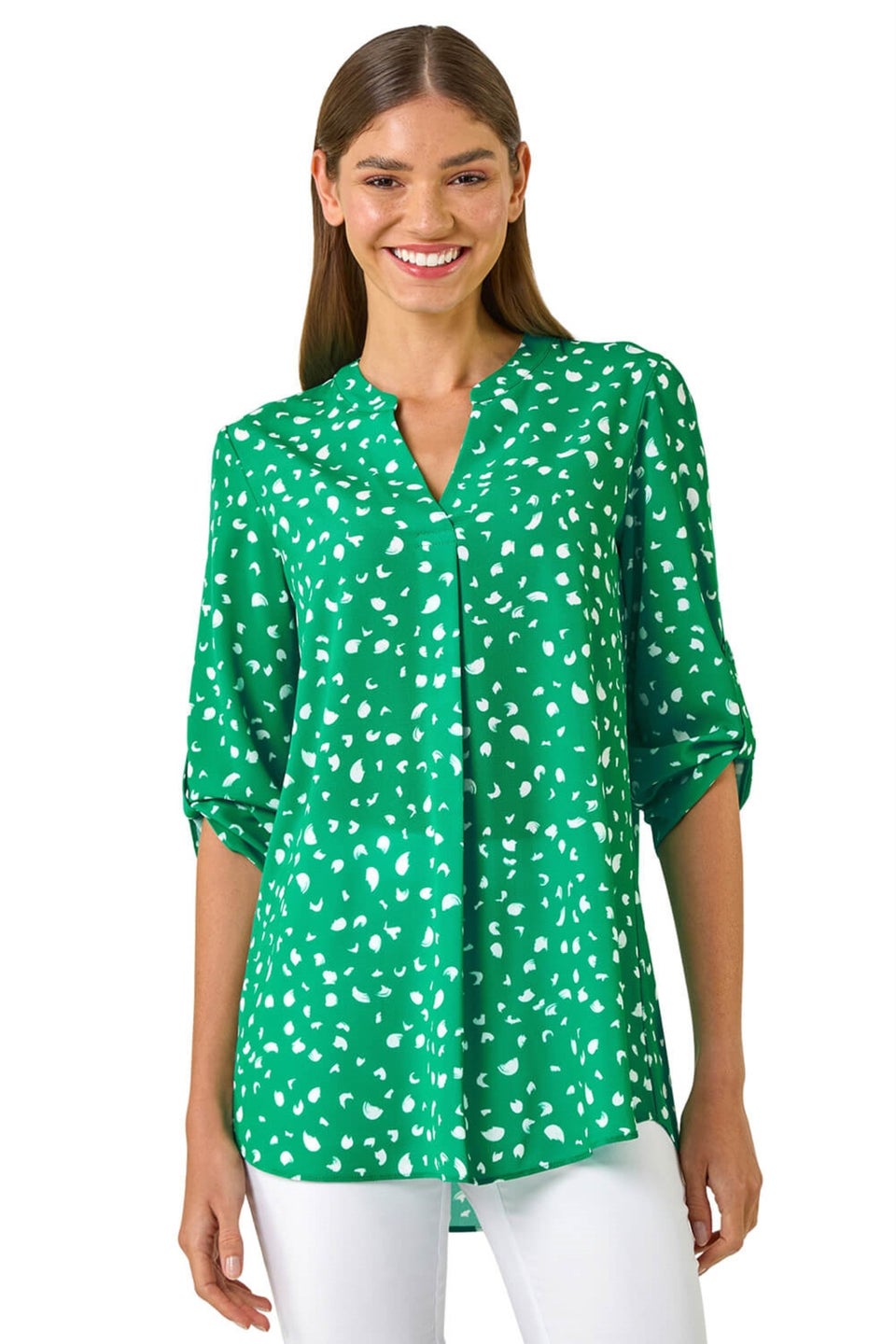 Roman Green Abstract Spot Print V-Neck Tunic Top