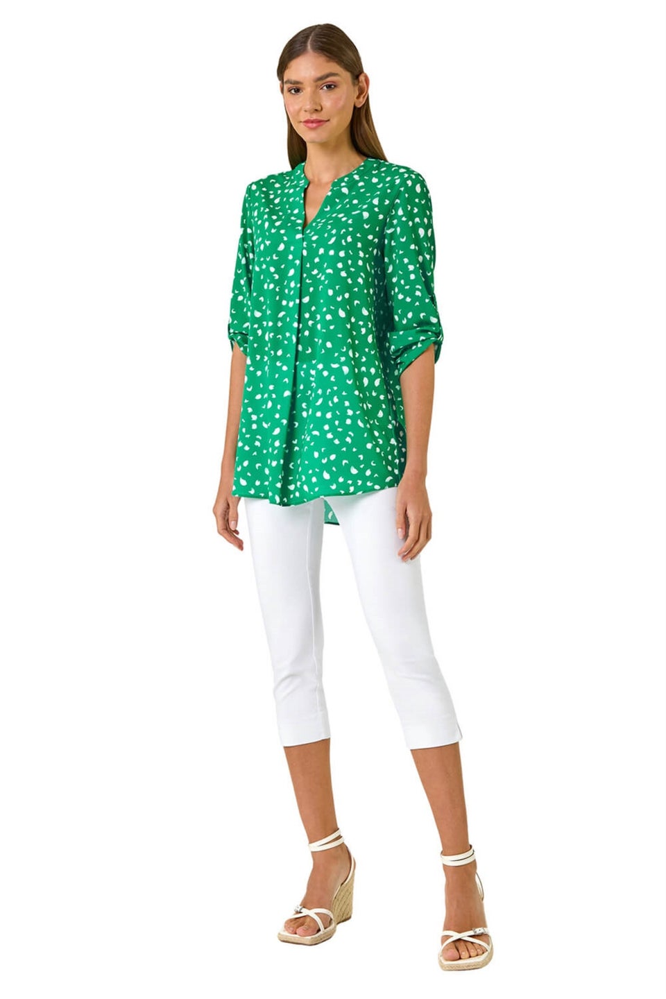 Roman Green Abstract Spot Print V-Neck Tunic Top