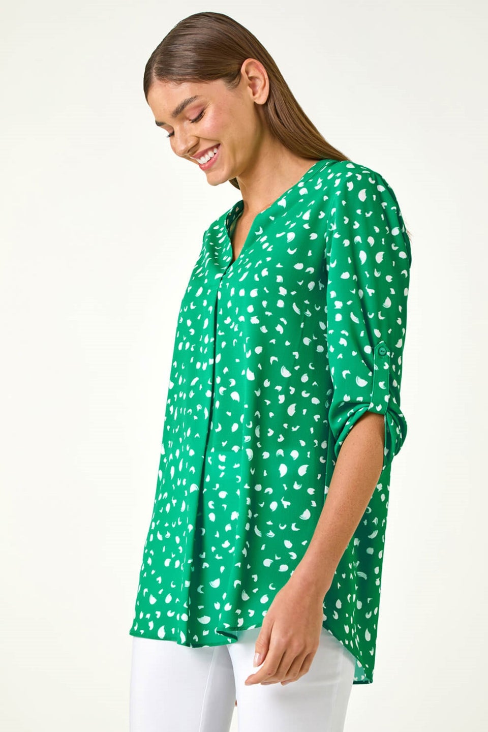 Roman Green Abstract Spot Print V-Neck Tunic Top