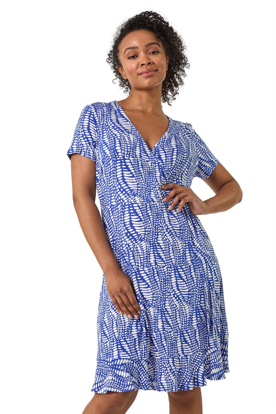 Roman Blue Petite Abstract Print Wrap Frill Dress
