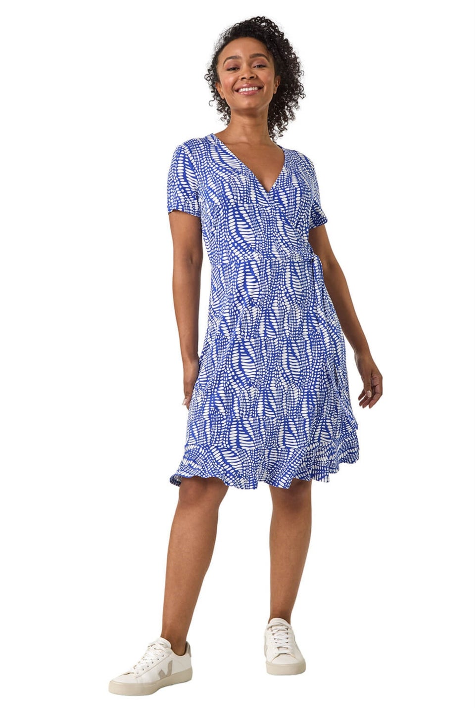 Roman Blue Petite Abstract Print Wrap Frill Dress