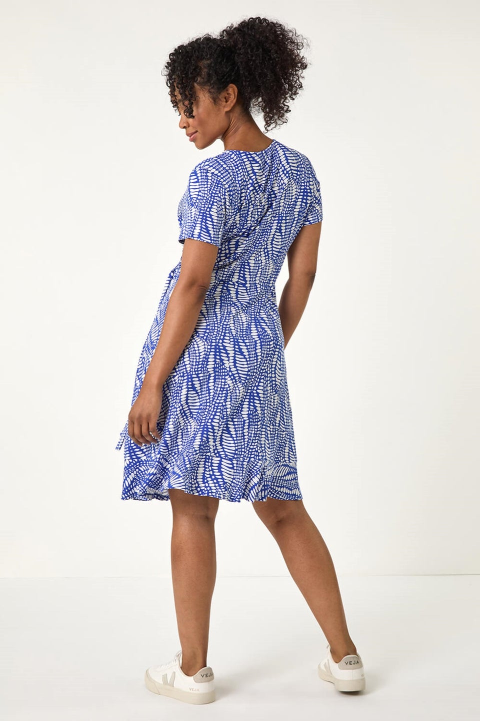 Roman Blue Petite Abstract Print Wrap Frill Dress