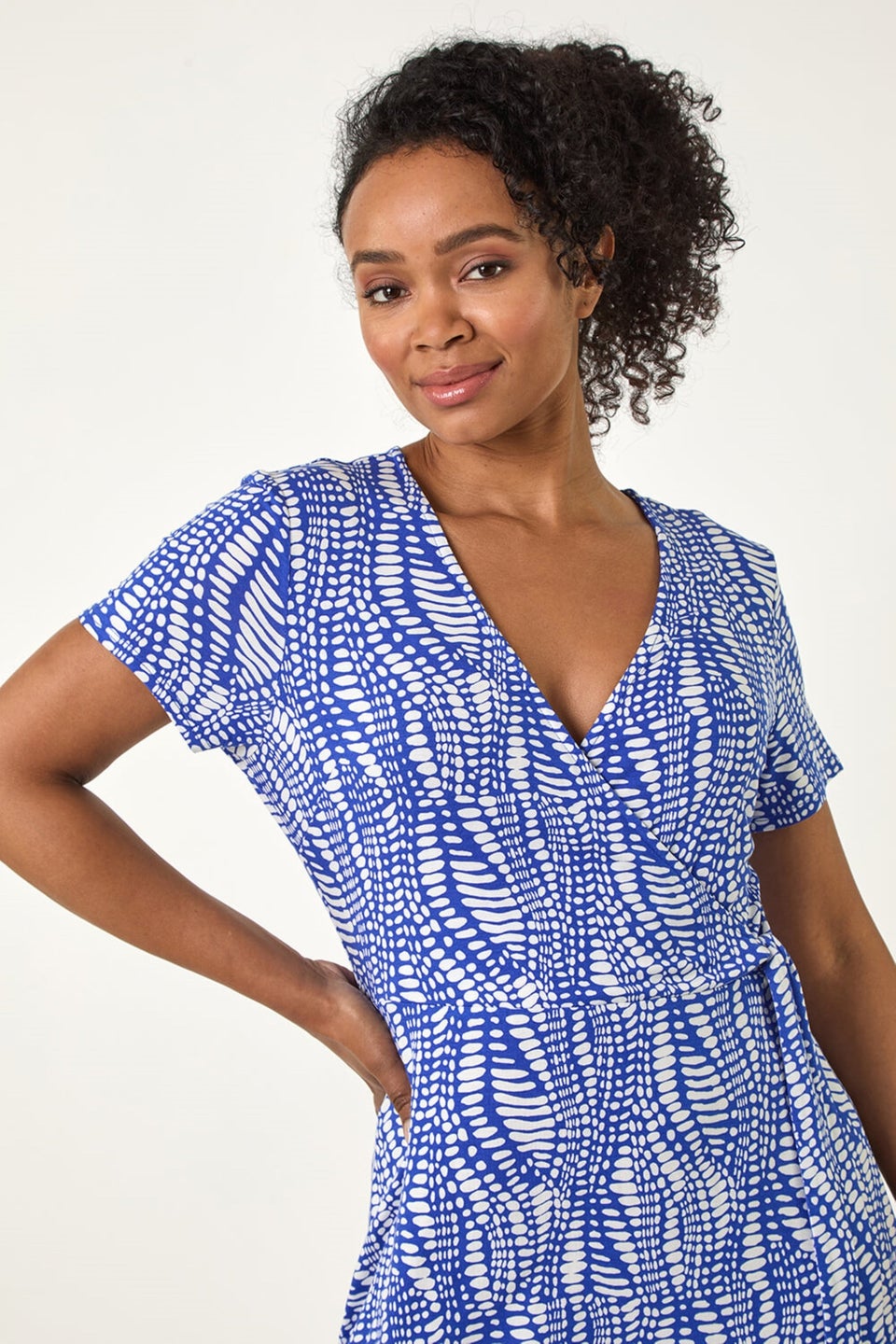 Roman Blue Petite Abstract Print Wrap Frill Dress