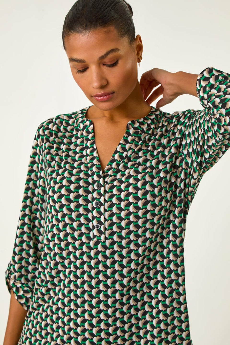 Roman Green Abstract Print V-Neck Button Stretch Shirt