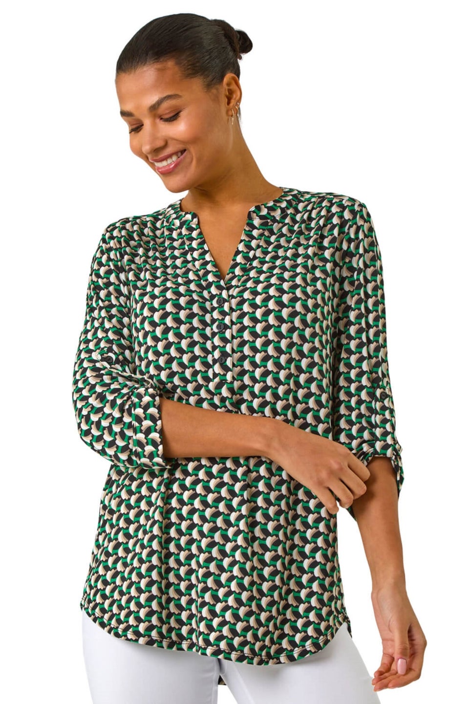 Roman Green Abstract Print V-Neck Button Stretch Shirt
