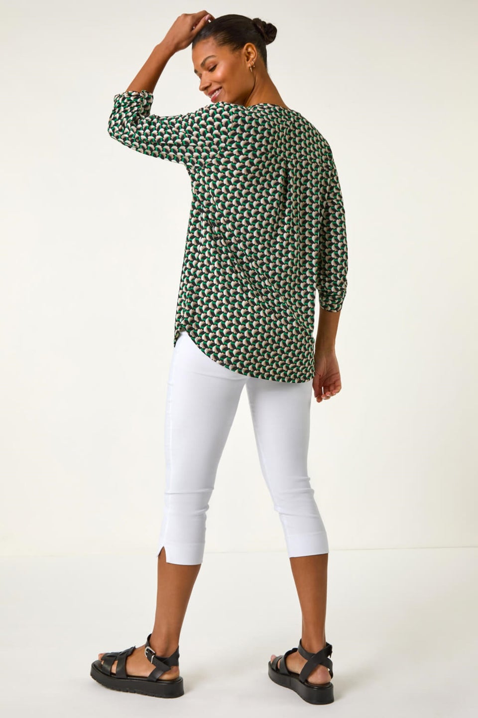 Roman Green Abstract Print V-Neck Button Stretch Shirt