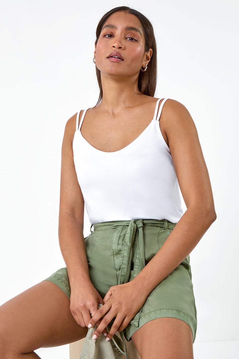 Roman White Double Strap V-Neck Stretch Vest Top