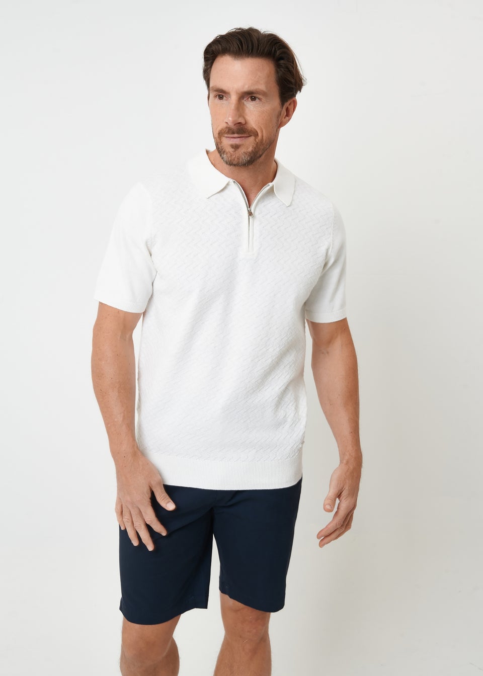 Threadbare Natural Textured Front Quarter Zip Knitted Polo