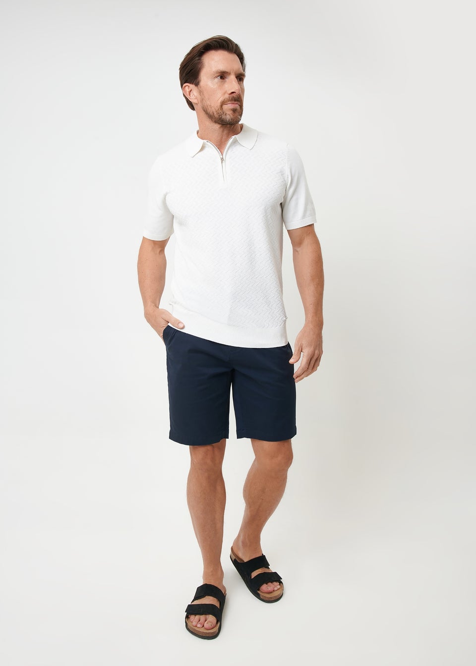 Threadbare Natural Textured Front Quarter Zip Knitted Polo