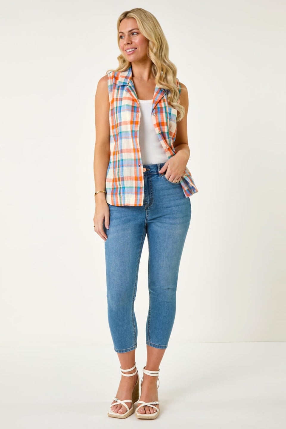 Roman Blue Petite Check Print Button Blouse