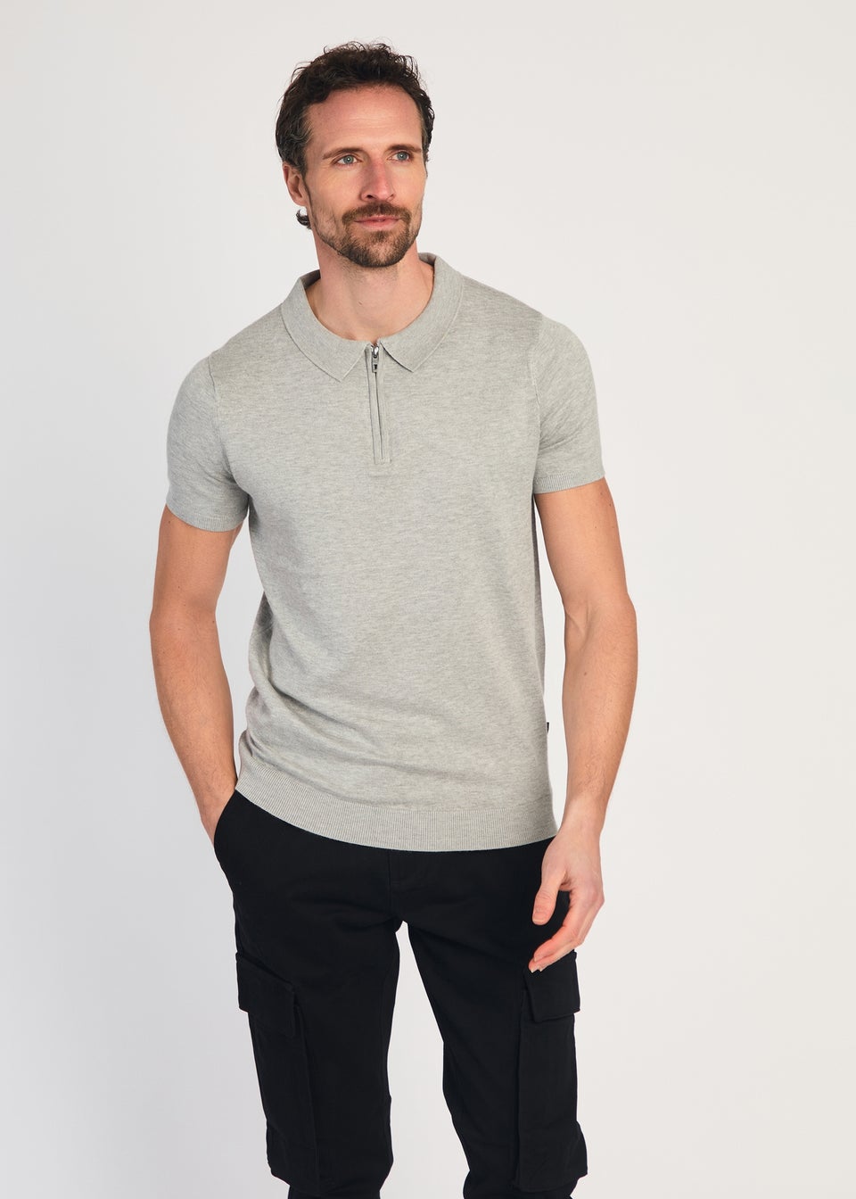 French Connection Light Grey 1/2 Zip Short Sleeve Polo Shirt