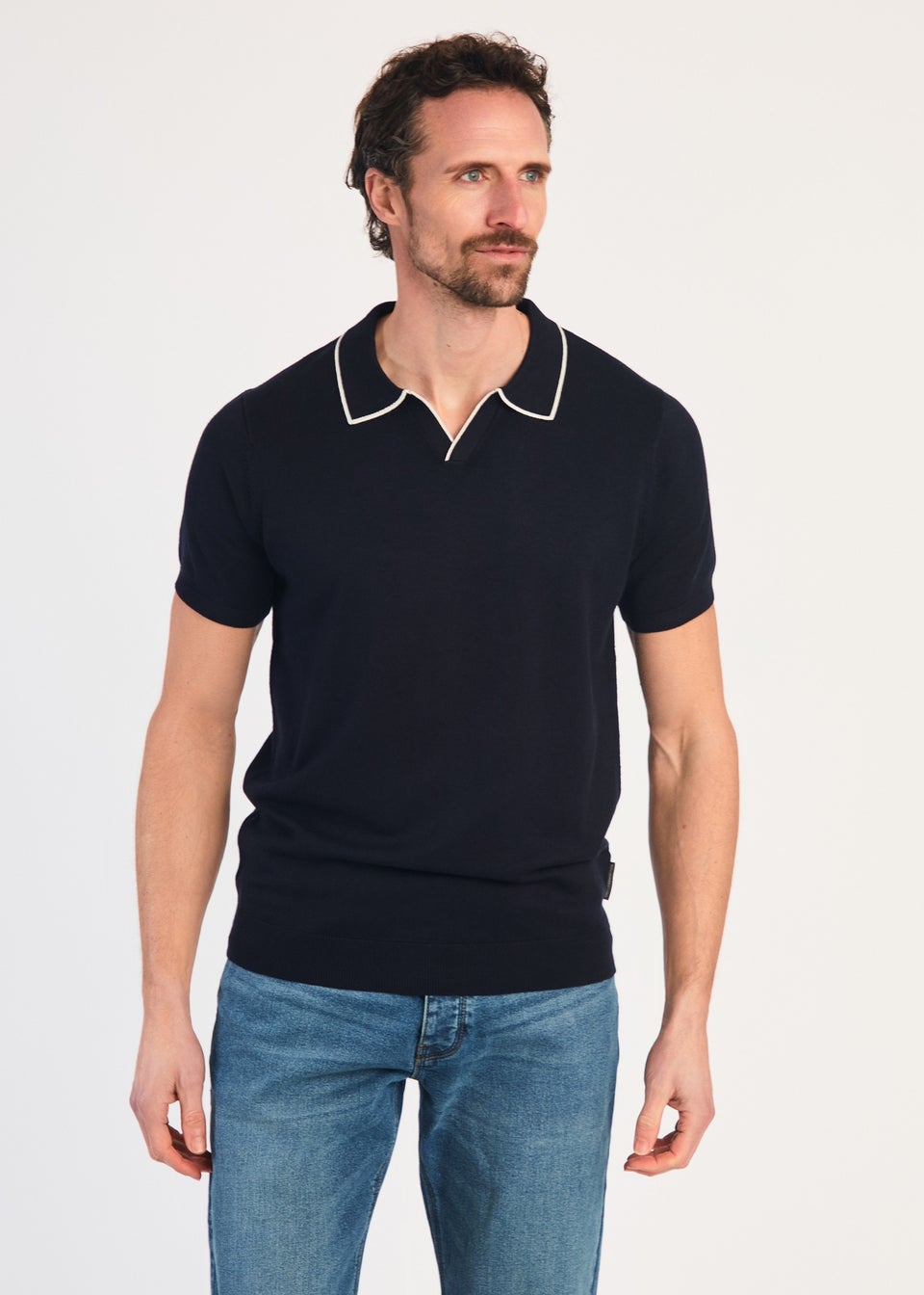 French Connection Navy Short Sleeve Open Collar Trimmed Polo Shirt