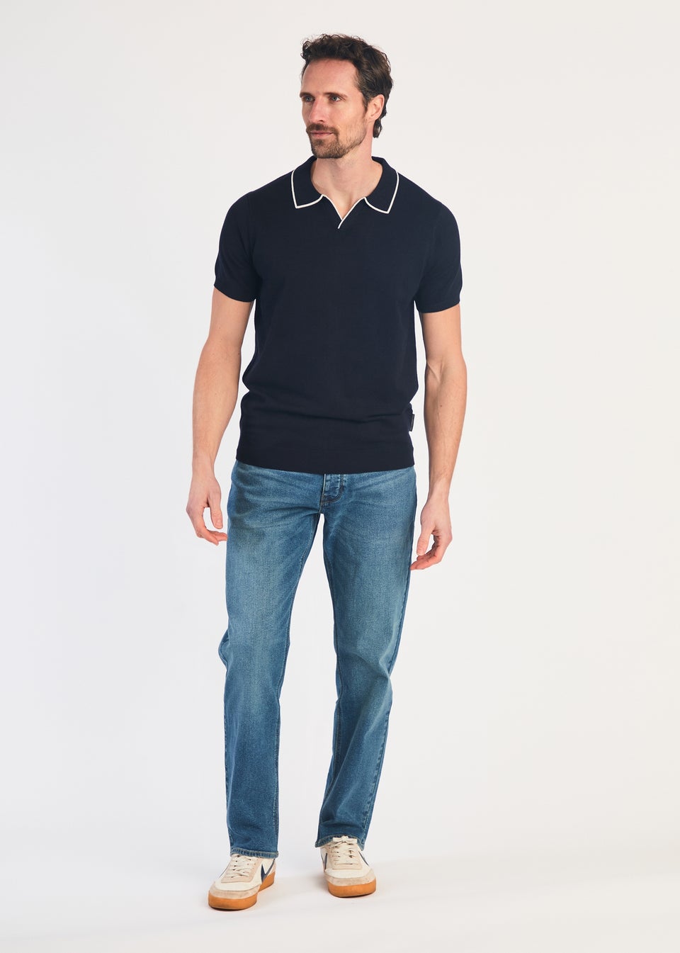 French Connection Navy Short Sleeve Open Collar Trimmed Polo Shirt