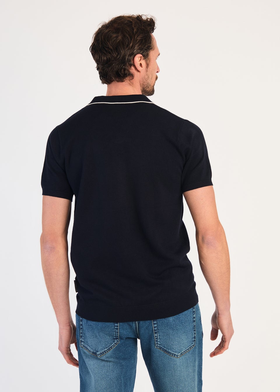 French Connection Navy Short Sleeve Open Collar Trimmed Polo Shirt