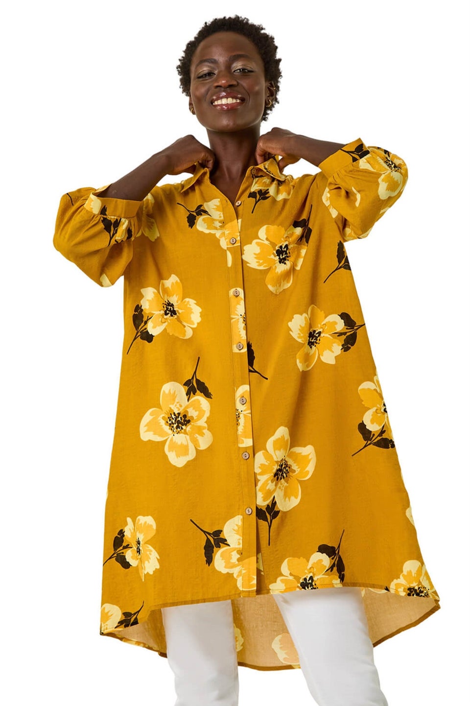 Roman Yellow Longline Floral Print Blouse