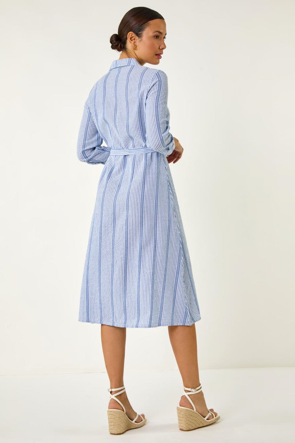 Roman Light Blue Textured Stripe Belted Shirt Dress