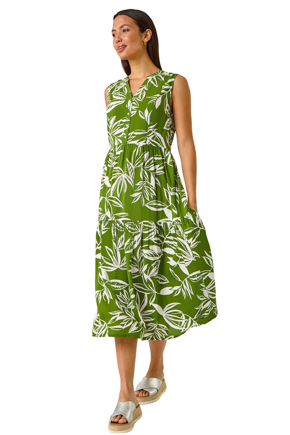 Roman Green Leaf Print Midi Dress