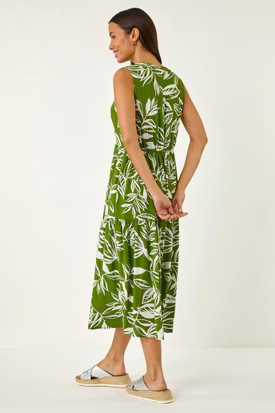 Roman Green Leaf Print Midi Dress