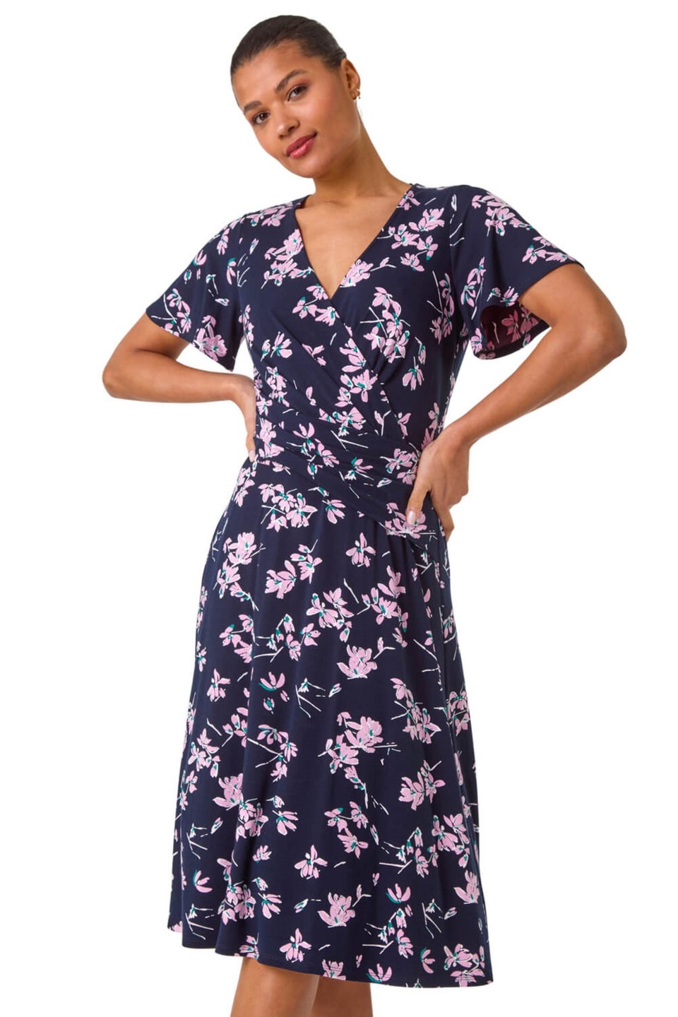 Roman Navy Floral Print Wrap Over Midi Dress