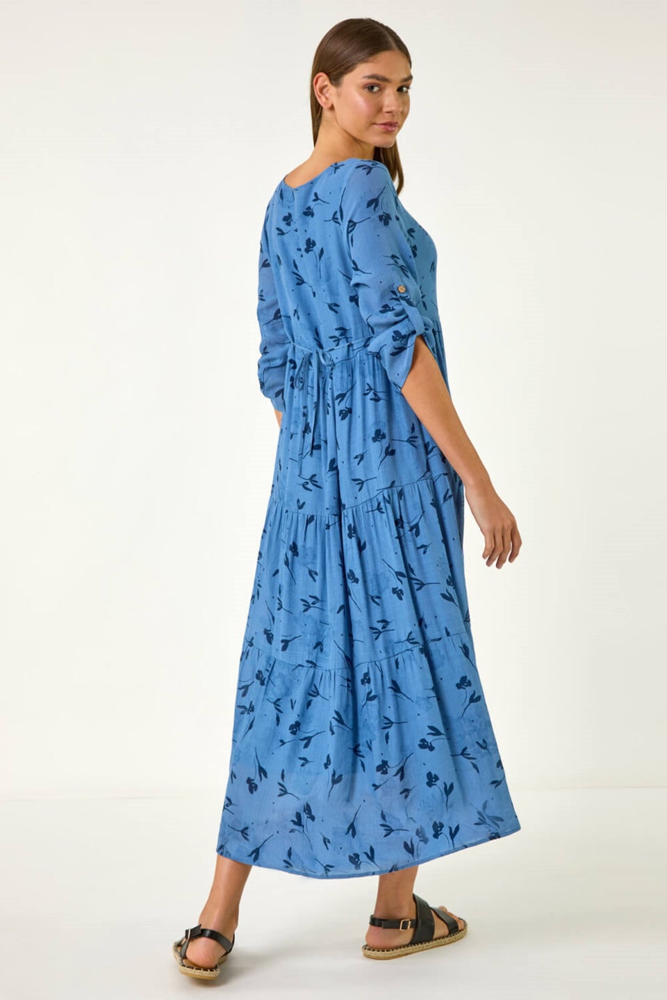 Roman Blue Floral Print Button Midi Dress