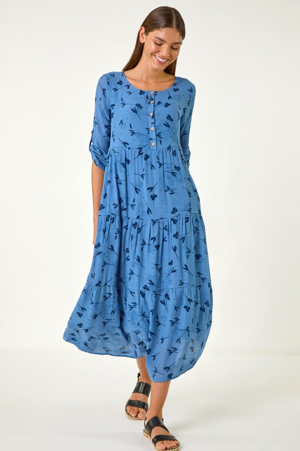 Roman Blue Floral Print Button Midi Dress
