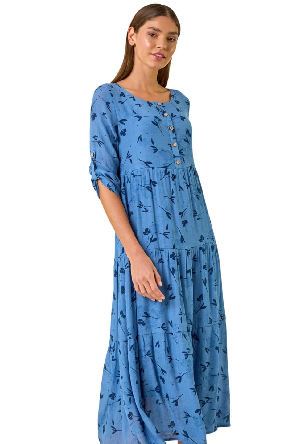 Roman Blue Floral Print Button Midi Dress