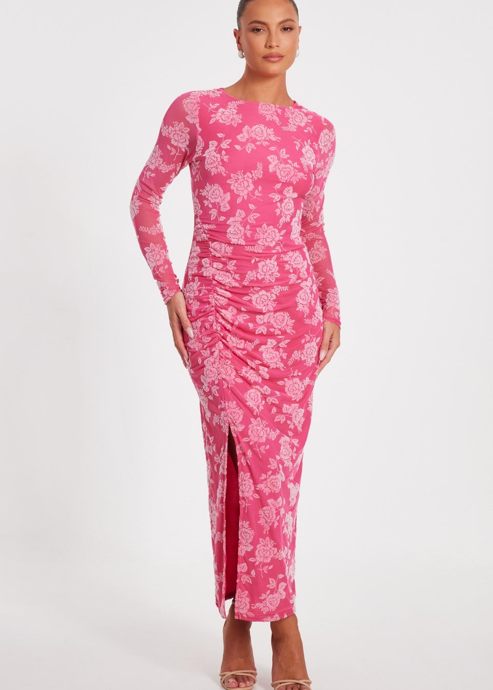 Quiz Magenta Mesh Floral Midaxi Dress