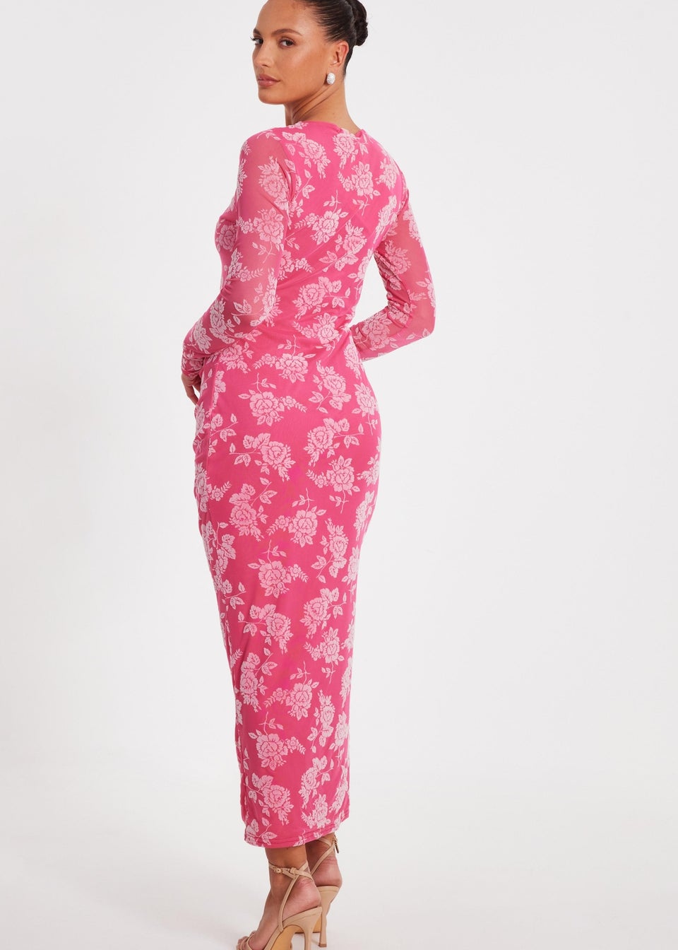 Quiz Magenta Mesh Floral Midaxi Dress