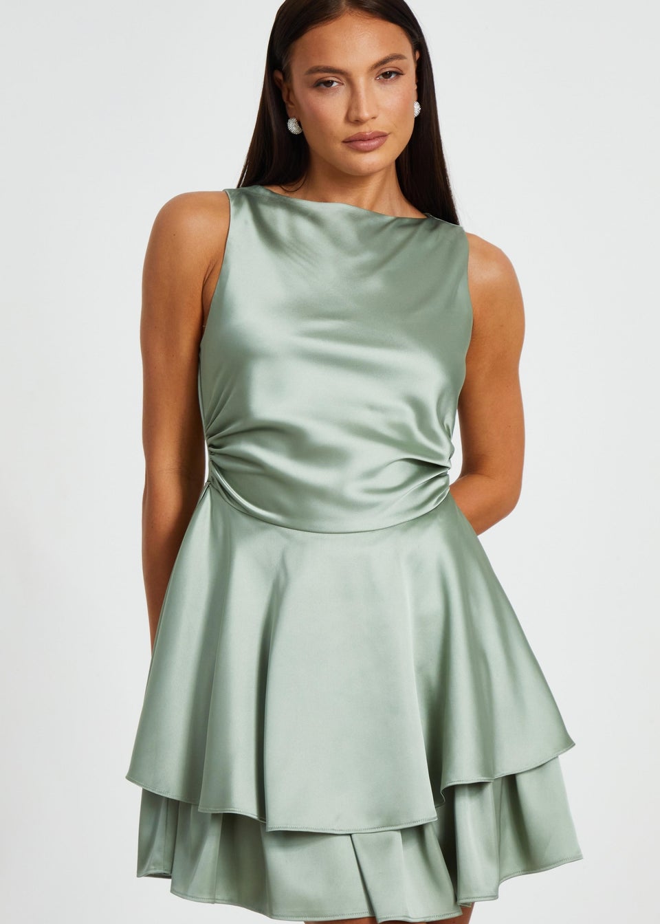 Quiz Green Satin Tiered Skater Dress