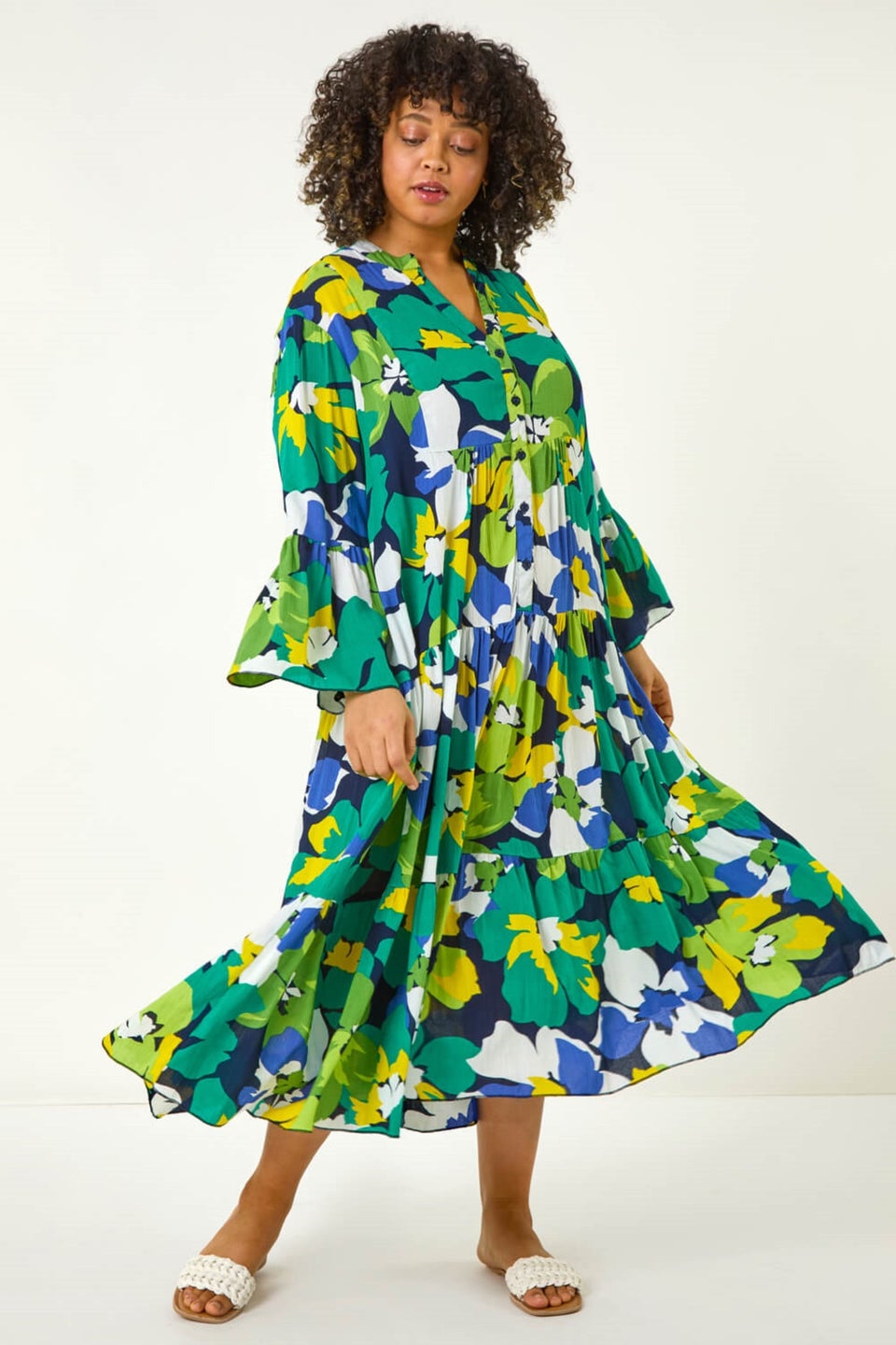 Roman Lime Curve Floral Print Tiered Dress