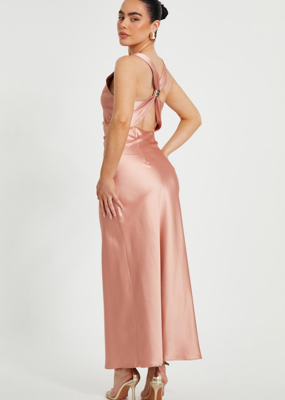Quiz Pink Petite Satin Ruched Midaxi Dress
