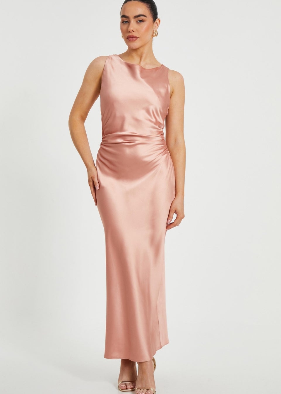 Quiz Pink Petite Satin Ruched Midaxi Dress