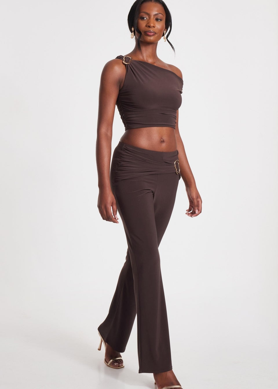 Quiz Brown Buckle One Shoulder Top