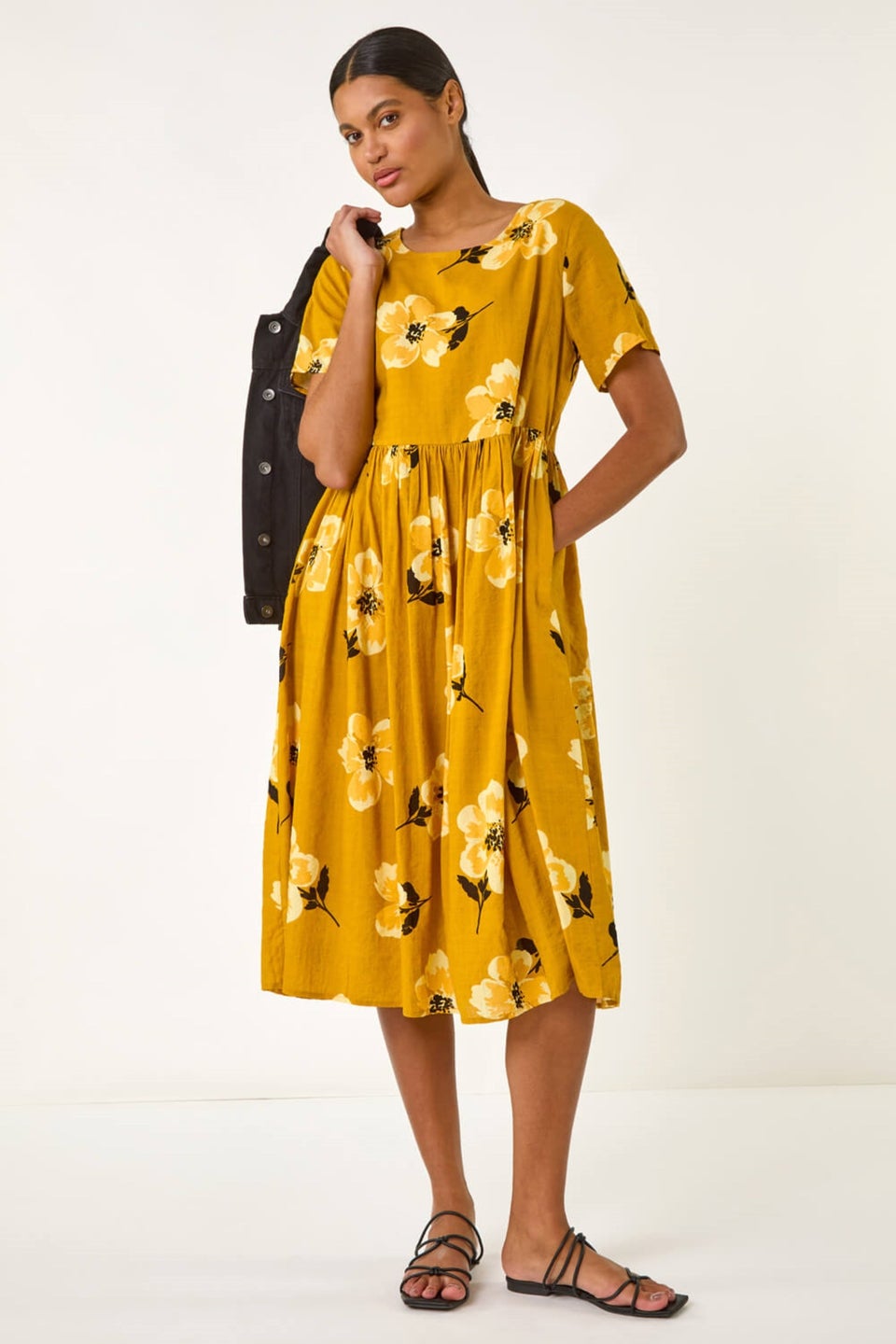 Roman Yellow Floral Print Smock Midi Dress