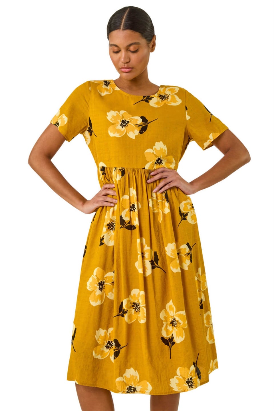 Roman Yellow Floral Print Smock Midi Dress