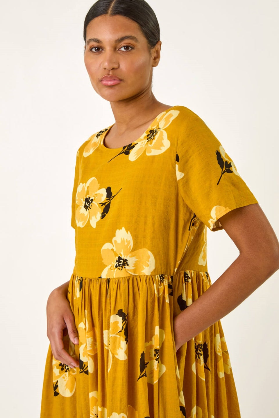 Roman Yellow Floral Print Smock Midi Dress
