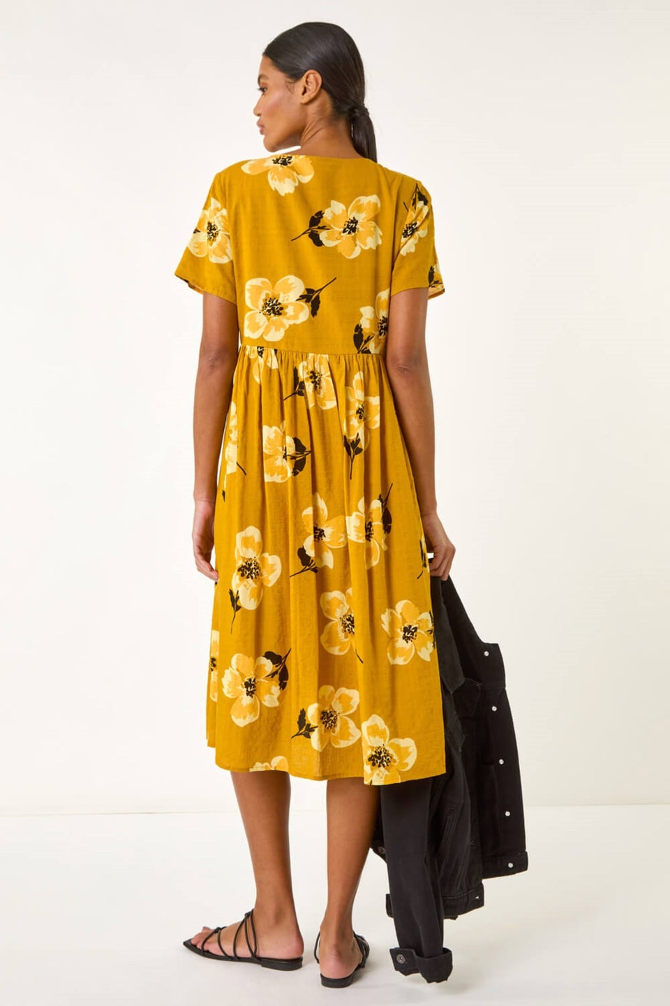 Roman Yellow Floral Print Smock Midi Dress