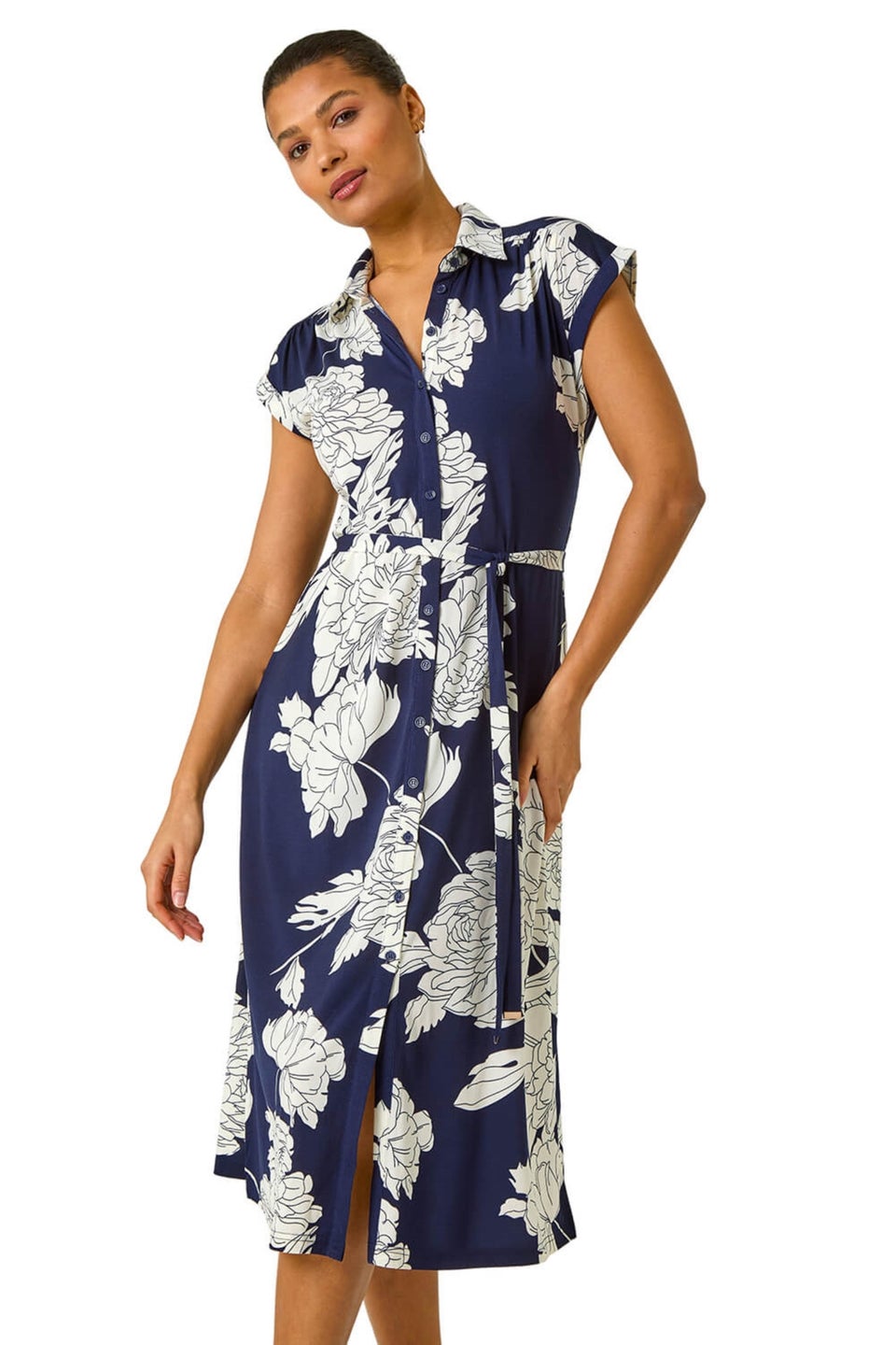 Roman Navy Floral Print Stretch Shirt Dress