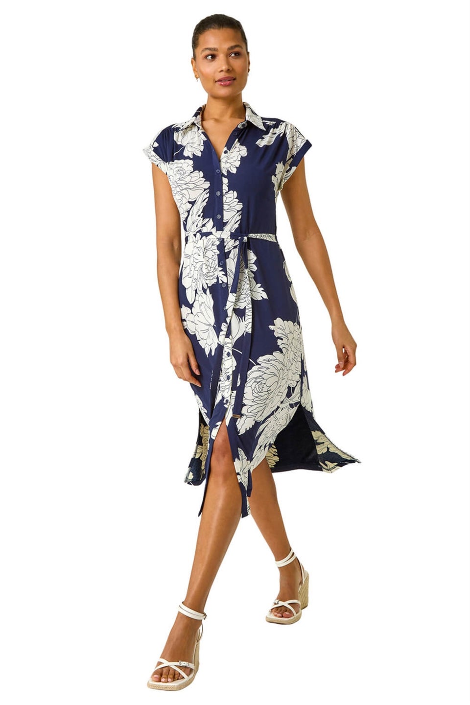 Roman Navy Floral Print Stretch Shirt Dress