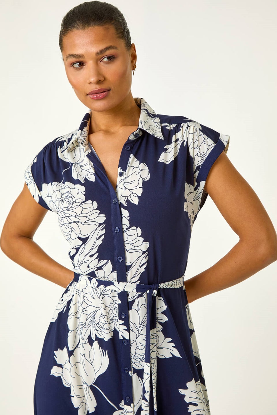 Roman Navy Floral Print Stretch Shirt Dress