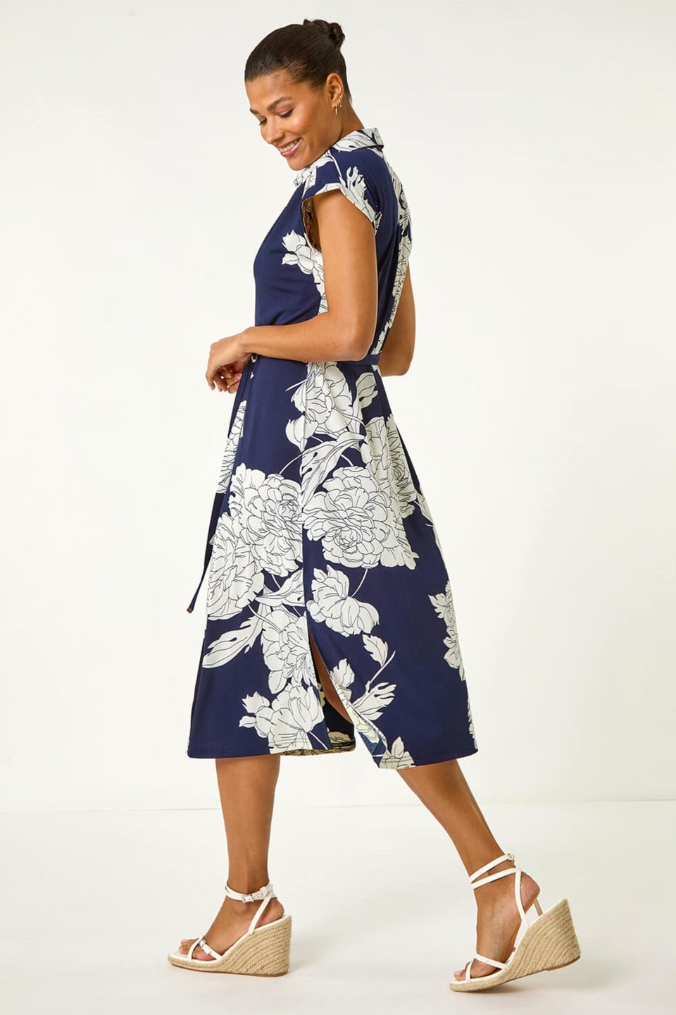 Roman Navy Floral Print Stretch Shirt Dress