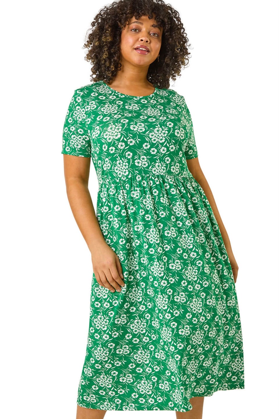 Roman Green Curve Floral Print Stretch Midi Dress