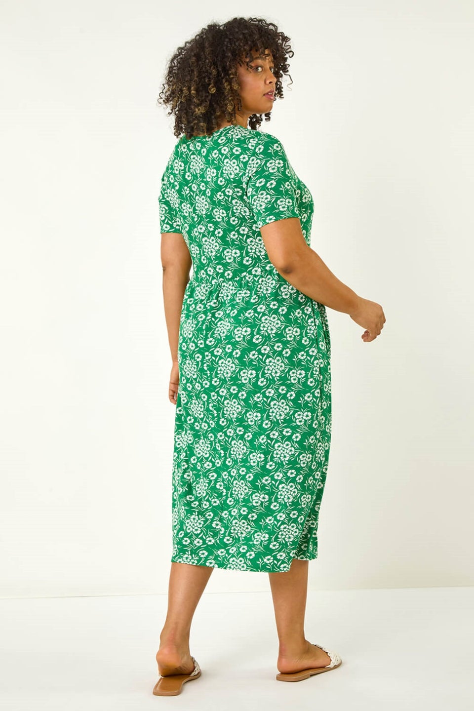 Roman Green Curve Floral Print Stretch Midi Dress