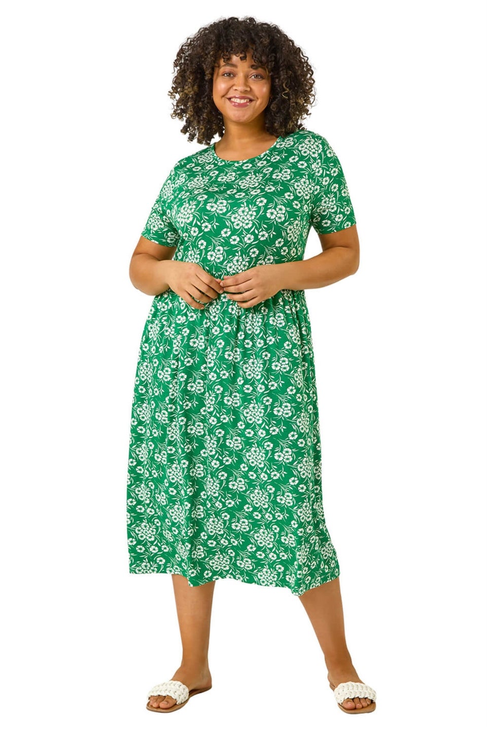 Roman Green Curve Floral Print Stretch Midi Dress