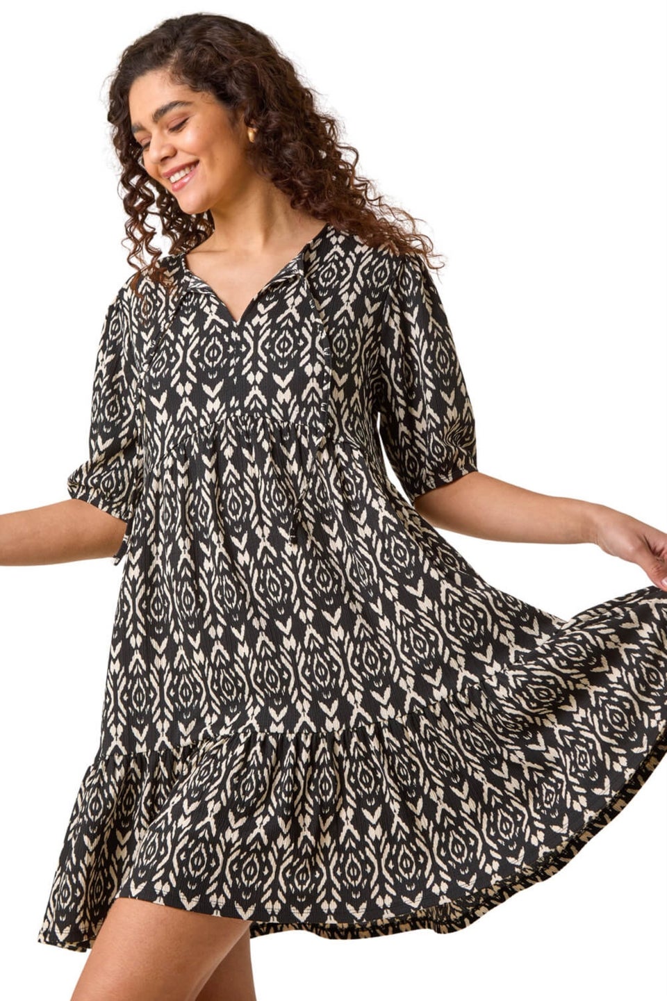 Roman Black Aztec Tie Front Smock Dress