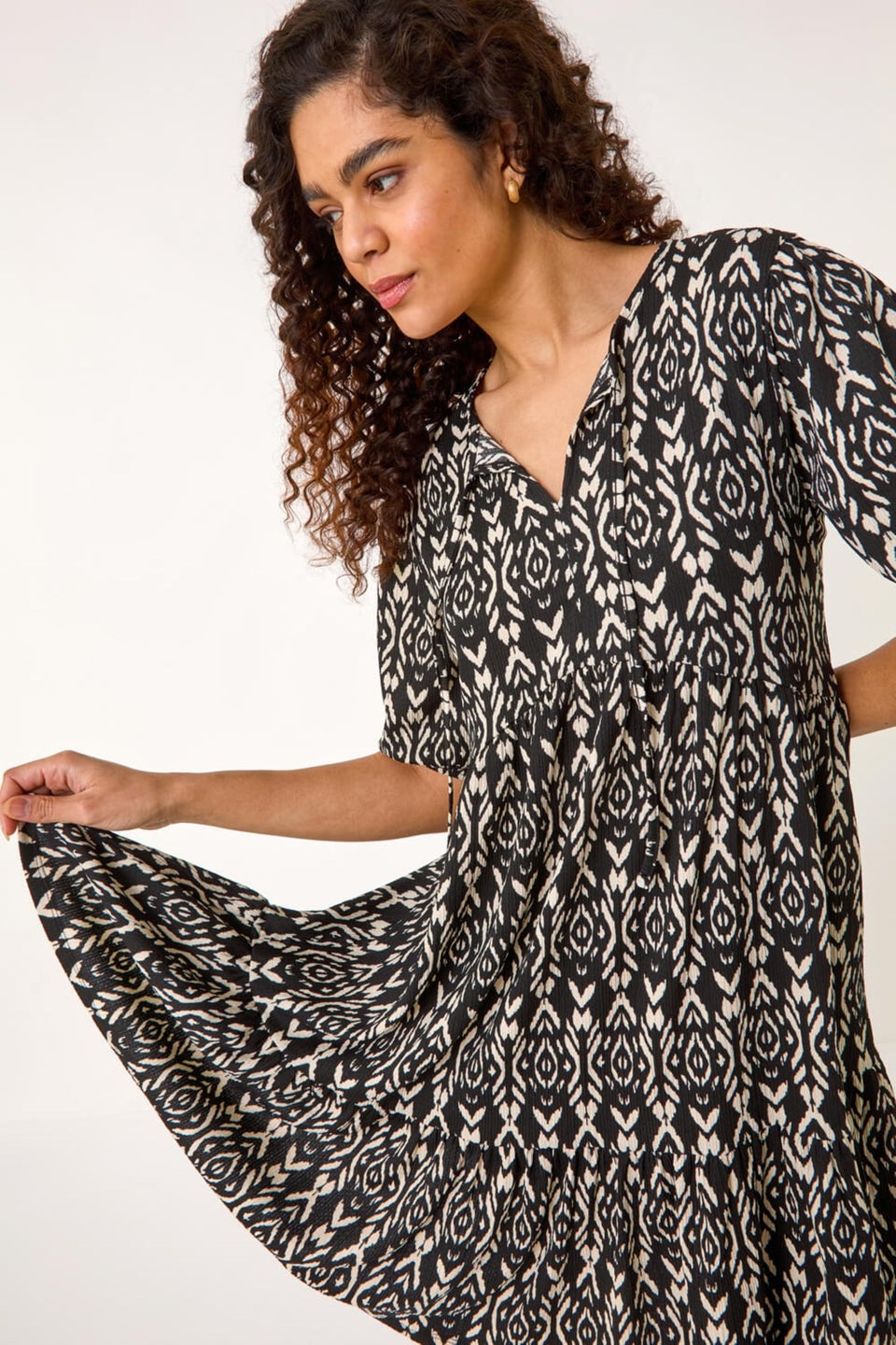 Roman Black Aztec Tie Front Smock Dress