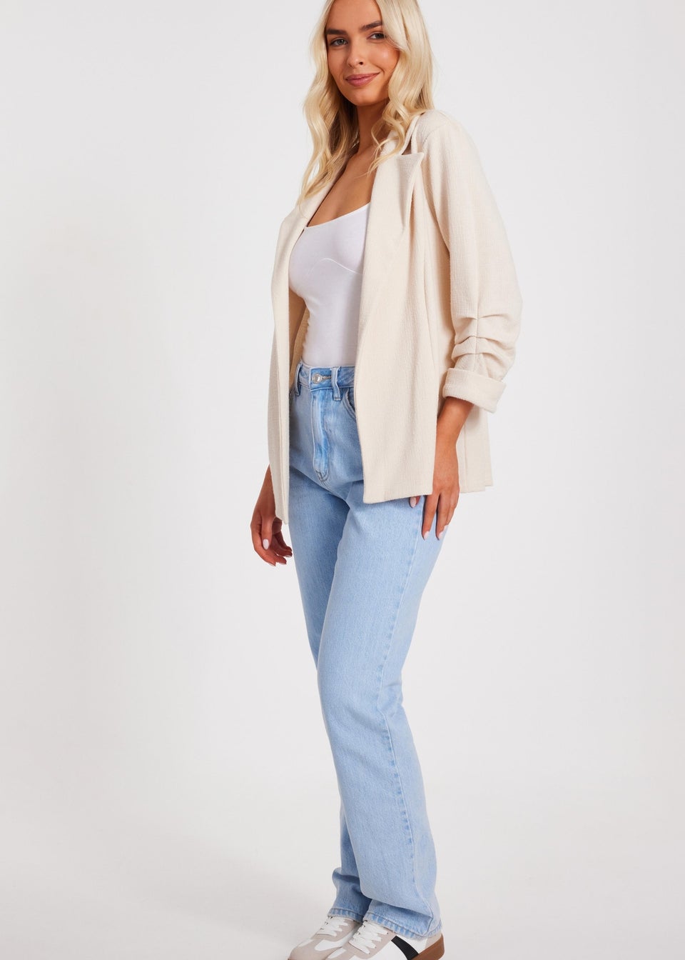 Quiz Stone Textured Ruched Sleeve Blazer