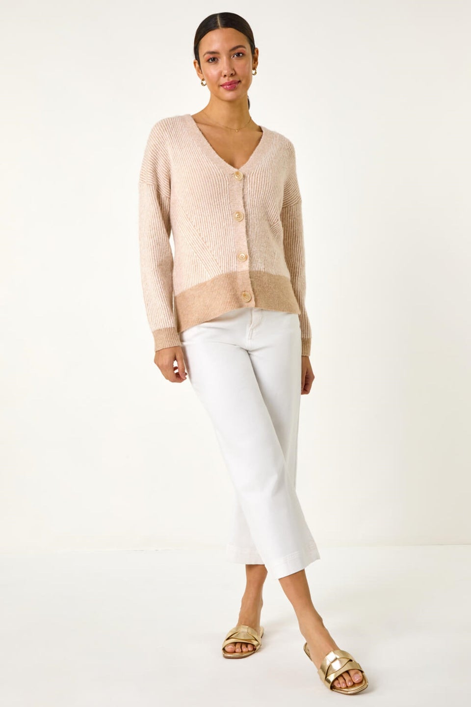 Roman Natural Textured V-Neck Knit Cardigan