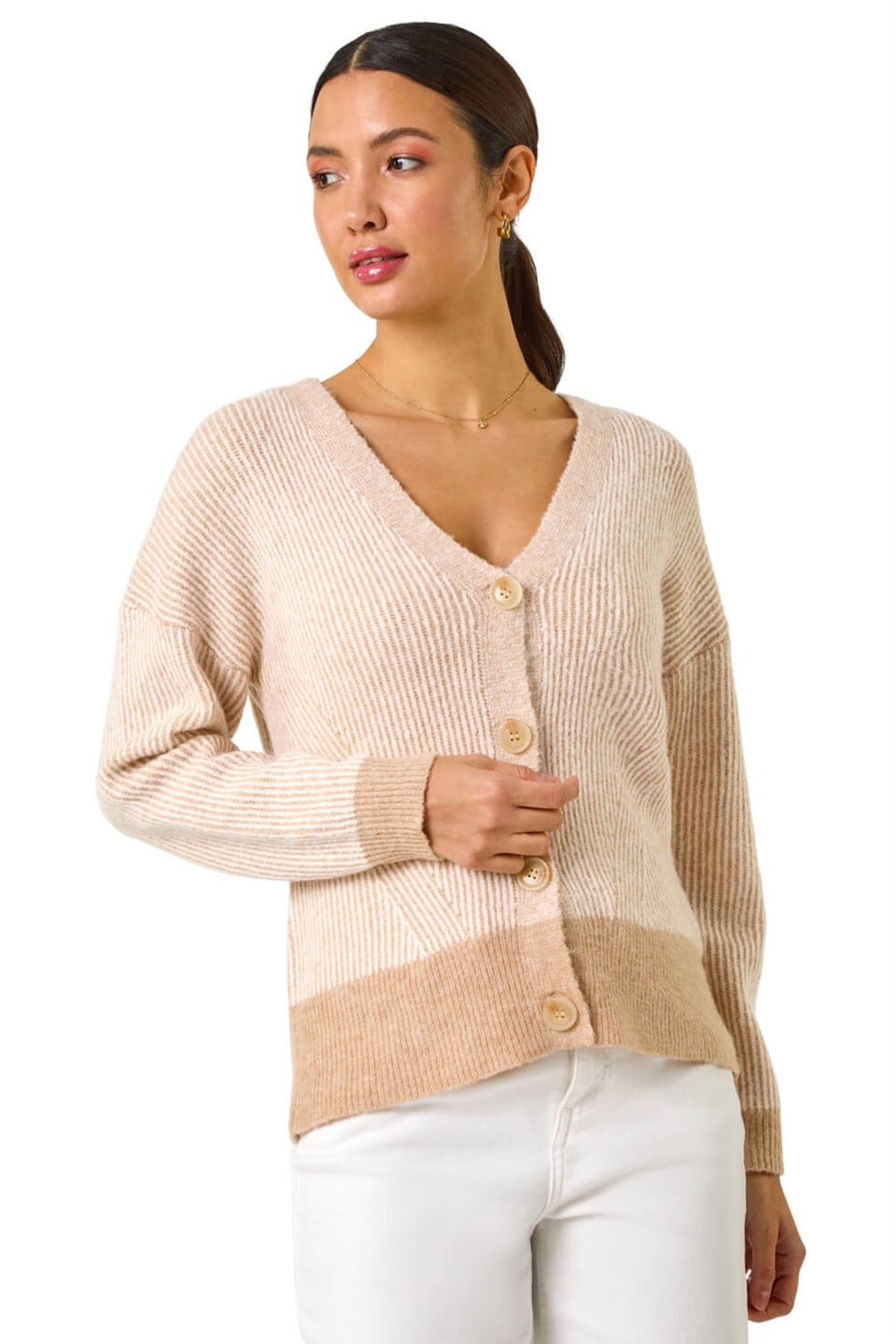 Roman Natural Textured V-Neck Knit Cardigan